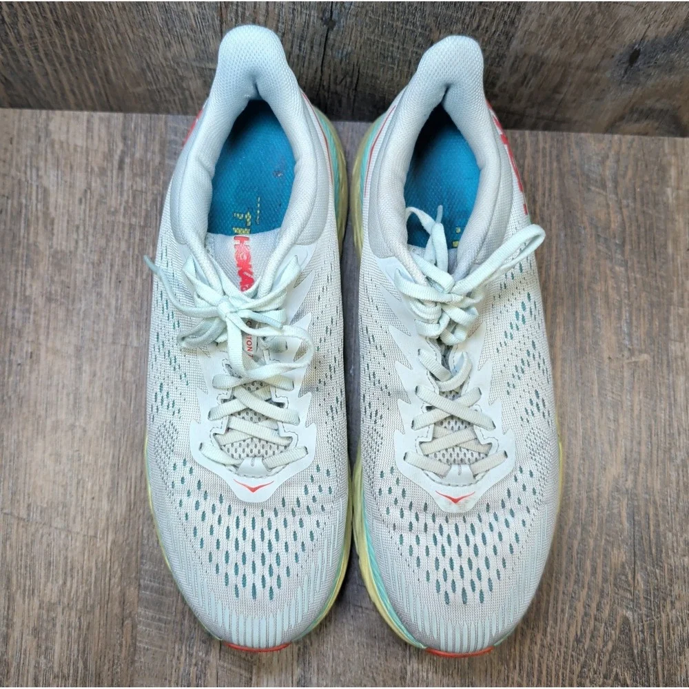 Hoka One One Clifton 7 Womens Size 9.5 Running Sneaker Morning Mist Hot Coral